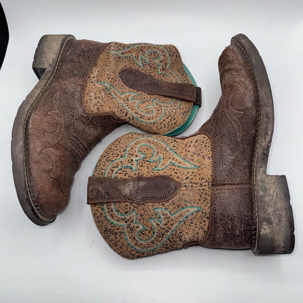 Ariat Fatbaby Brown Leather Leopard Print Western Boots Turquoise Women's 8B - Picture 5 of 11